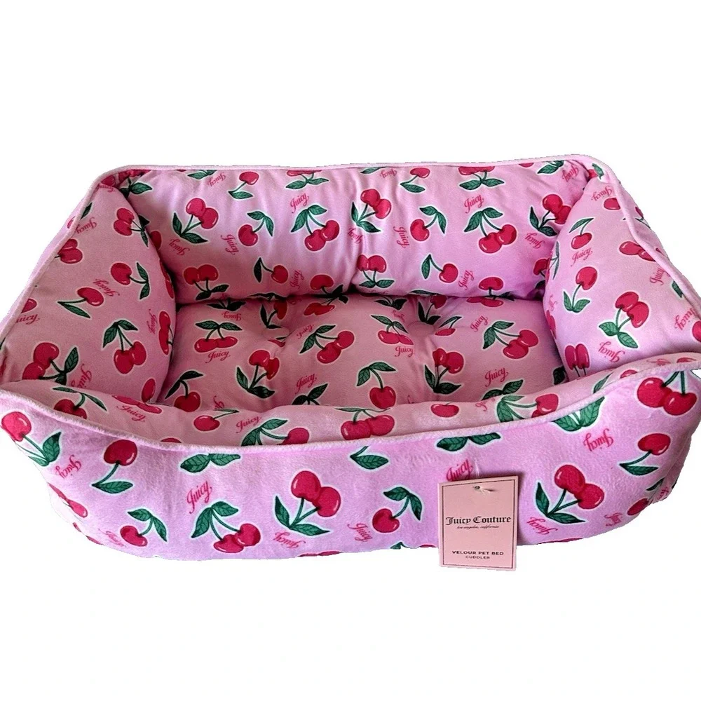 Juicy Couture Cherry Velour Pet Bed Cuddler Pink Small Dog Cat NWT
